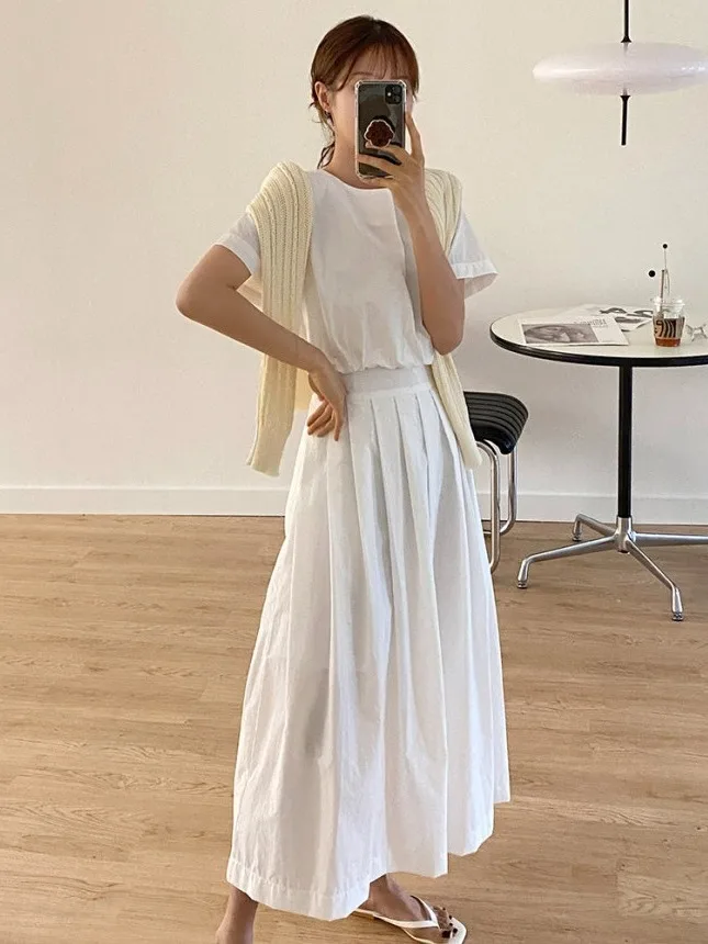 

Chic Summer New Simple round Ne Pleated Waist Slimming Midi ort Sve Dr Women's Faionable Commute Pure E-commerce