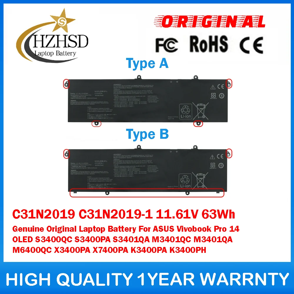 

C31N2019 C31N2019-1 11.61V 63Wh Genuine Original Laptop Battery ForASUS VivobookPro14OLEDS3400QC S3400PA S3401QA M3401QC M3401QA