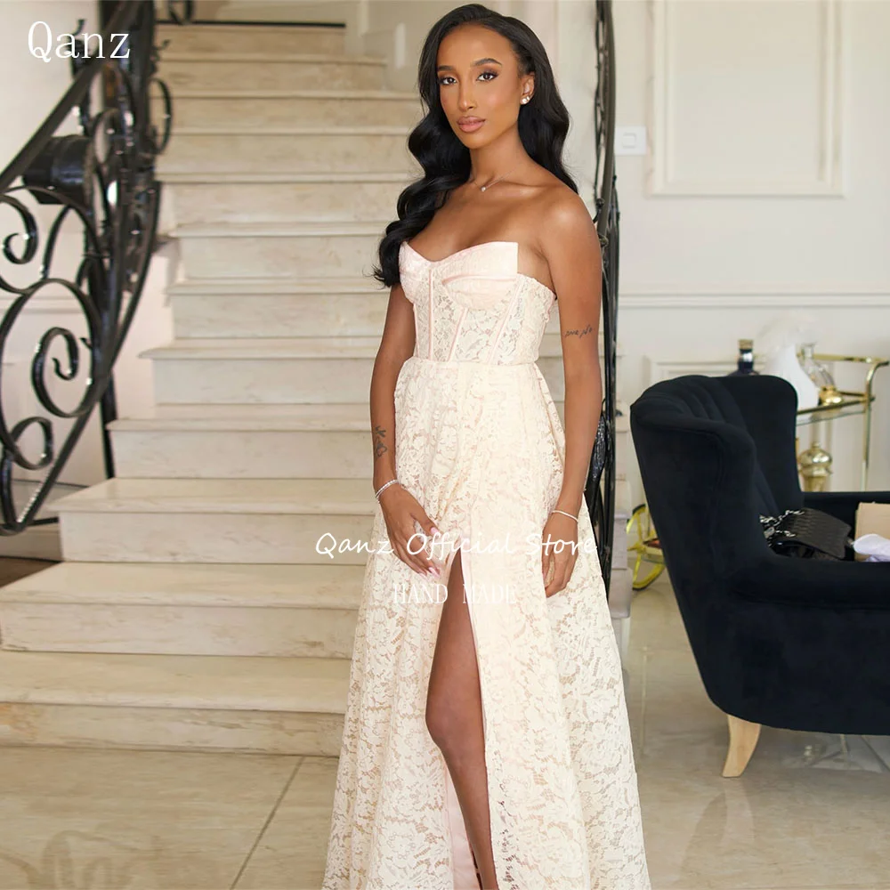 

Qanz Вечерние платья цвета шампанского Милая кружевная аппликация с высоким разрезом Vestidos De Fiesta Elegantes Длинные халаты De Soirée по индивидуальному заказу