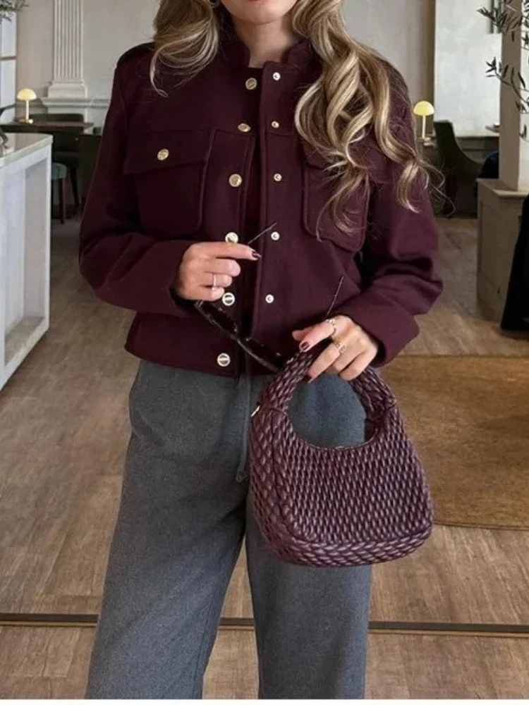 New in Spring Fashion Women Soft Tweed Bomber Jacket O-Neck Long Sleeve Pockets Buttons Loose Woolen Coat Female Streetwear