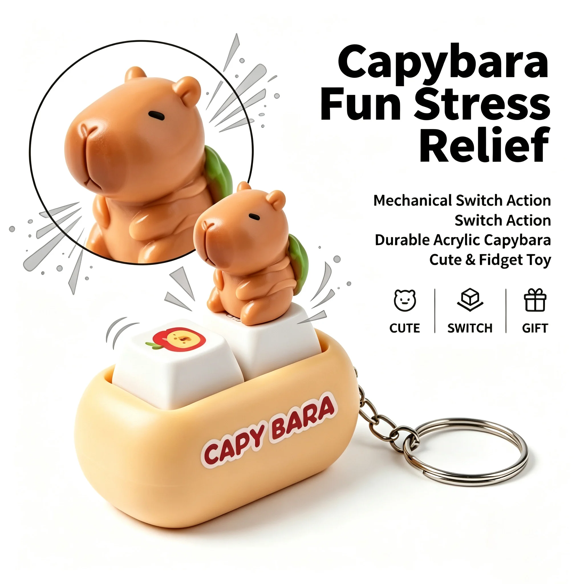 Cute Capybara Bathtub Mechanical Switch Keychain 3D Stereo Figure Clicker Fidget Toy Stress Relief Bag Charm Key Ring