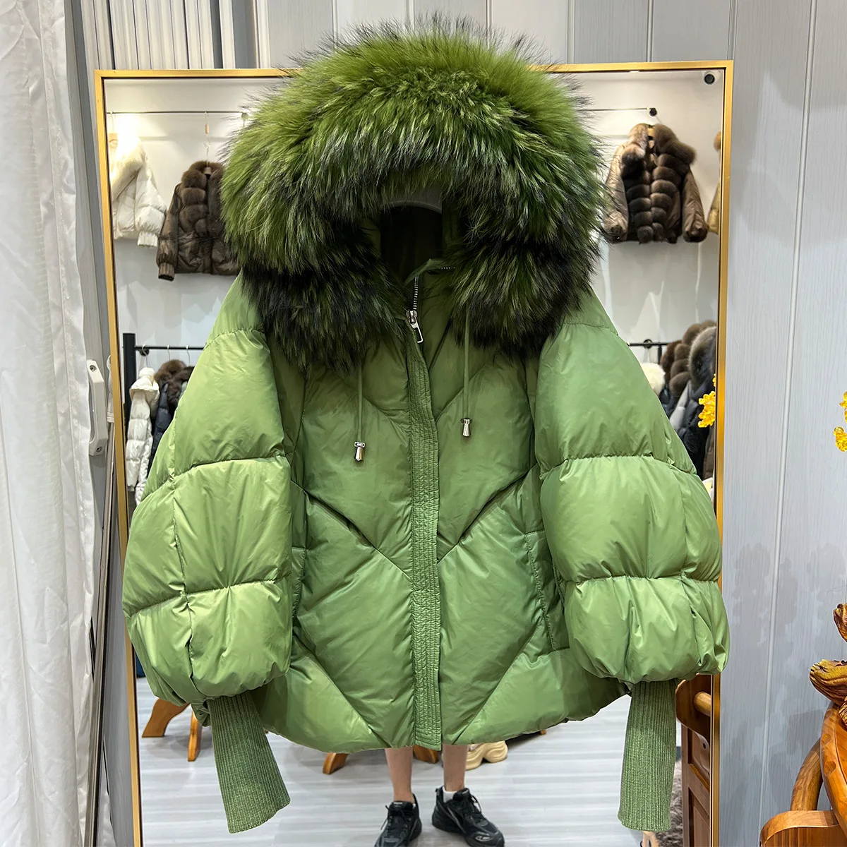 Puffer Coat Women Knit Sleeve White Duck Down Jacket Padded Outwear Ladies Casual Thicken Parkas Jacket Winter Fur Collar