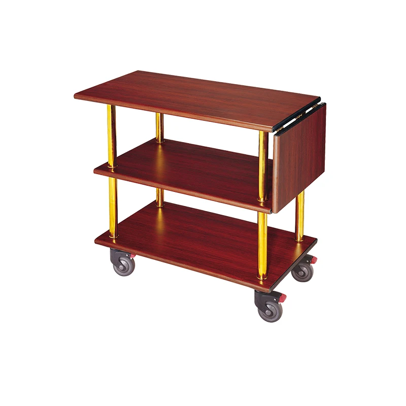 Foldable Mahogany 3-Tier Stainless Steel & MDF Serving Trolley Disassembled Delivery Cart For Restaurants