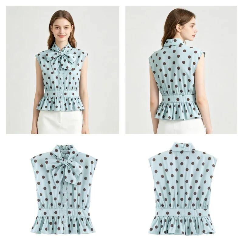 Summer 2026 New Polka Dot Women's Shirts Chic Slim Women's Scarf Collar Elegant Summer Shirts Fashion Sweet Youth Holiday Tops