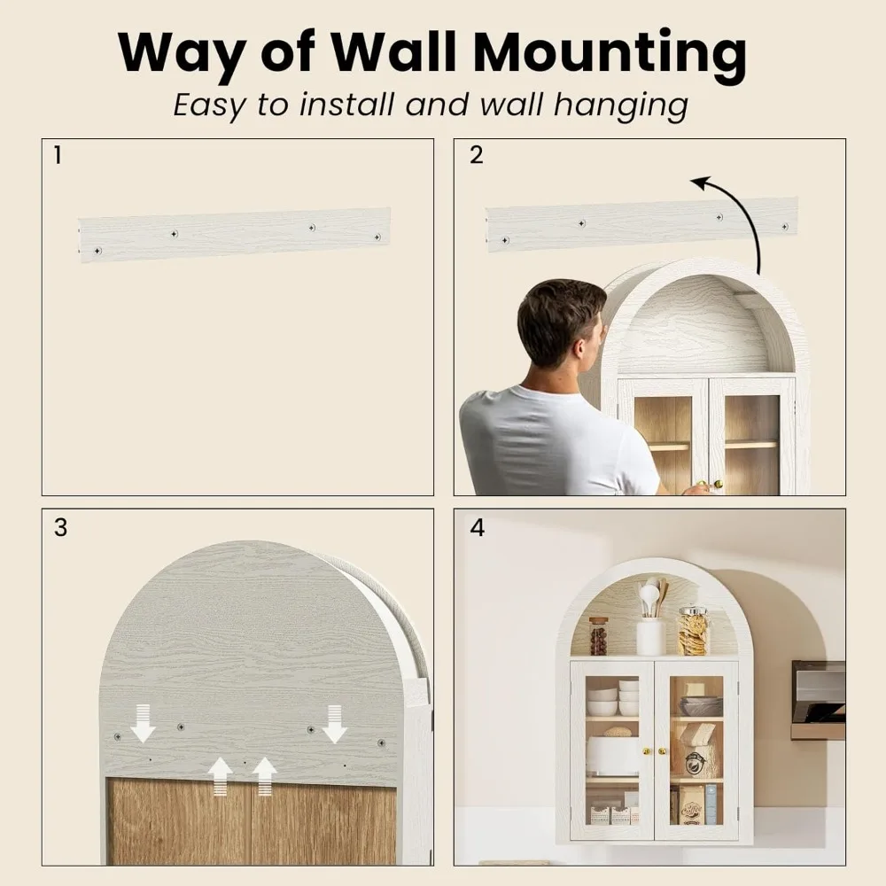 خزانة حمام مقوسة مثبتة على الحائط مع أبواب زجاجية وأرفف قابلة للتعديل للتخزين فوق الحوض