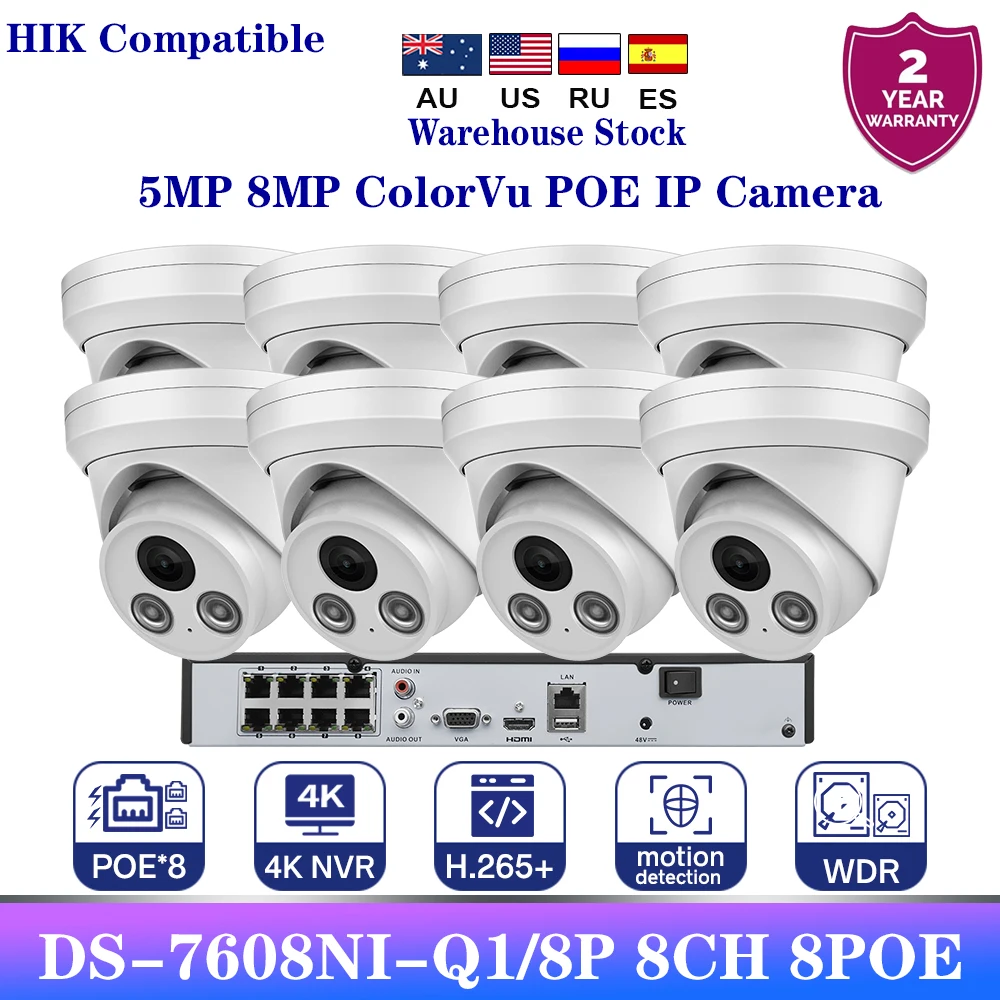 

Hikvision Compatible 4K 5/8MP Security IP Camera DS-7608NI-Q1/8P 8CH 8POE NVR Set detect with MIC home CCTV OnVif Network Camera