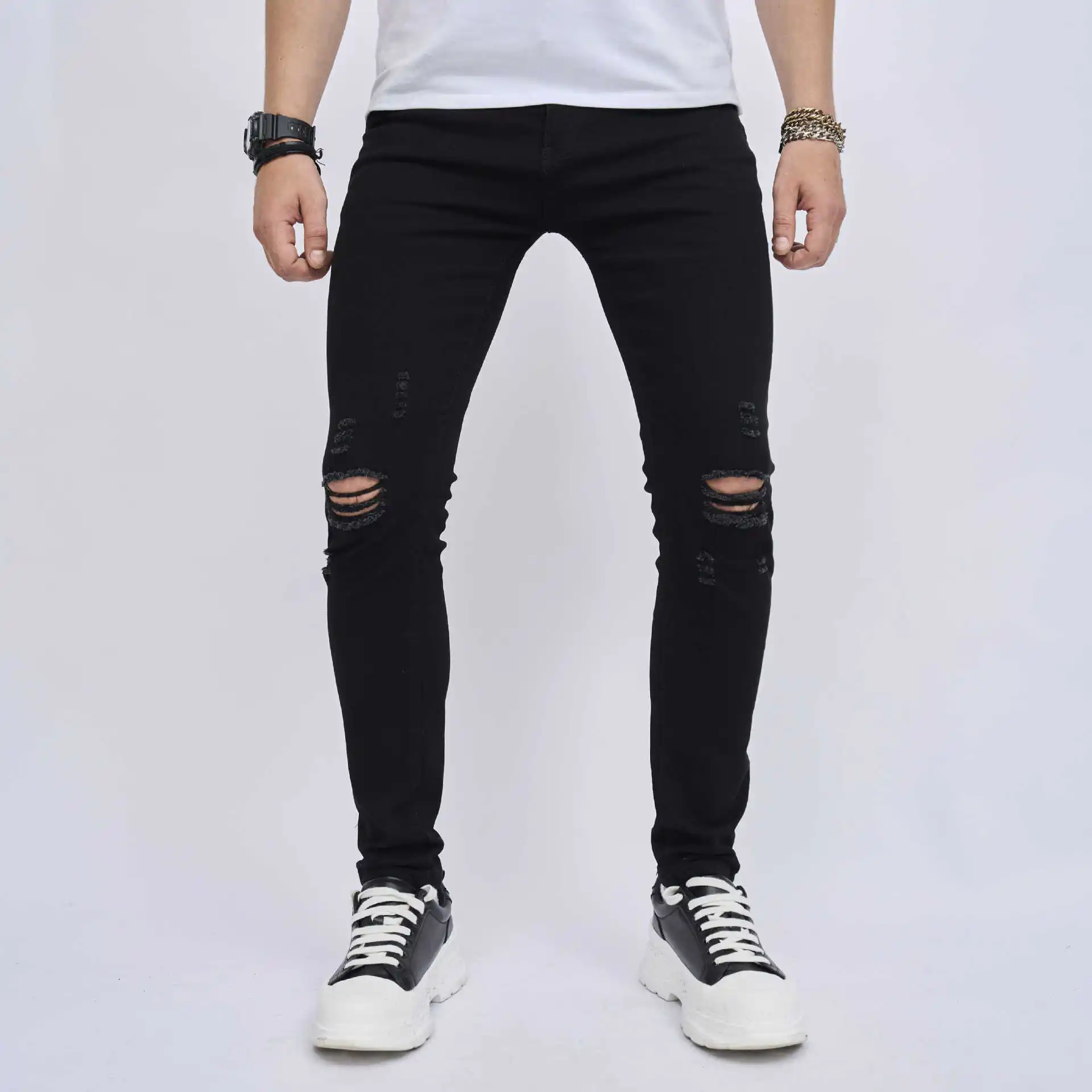 Pure Black Denim Pants High Street Fashion Mens Ripped Jens Slim Small Feet Elastic Male Full Length Streetwear Trousers