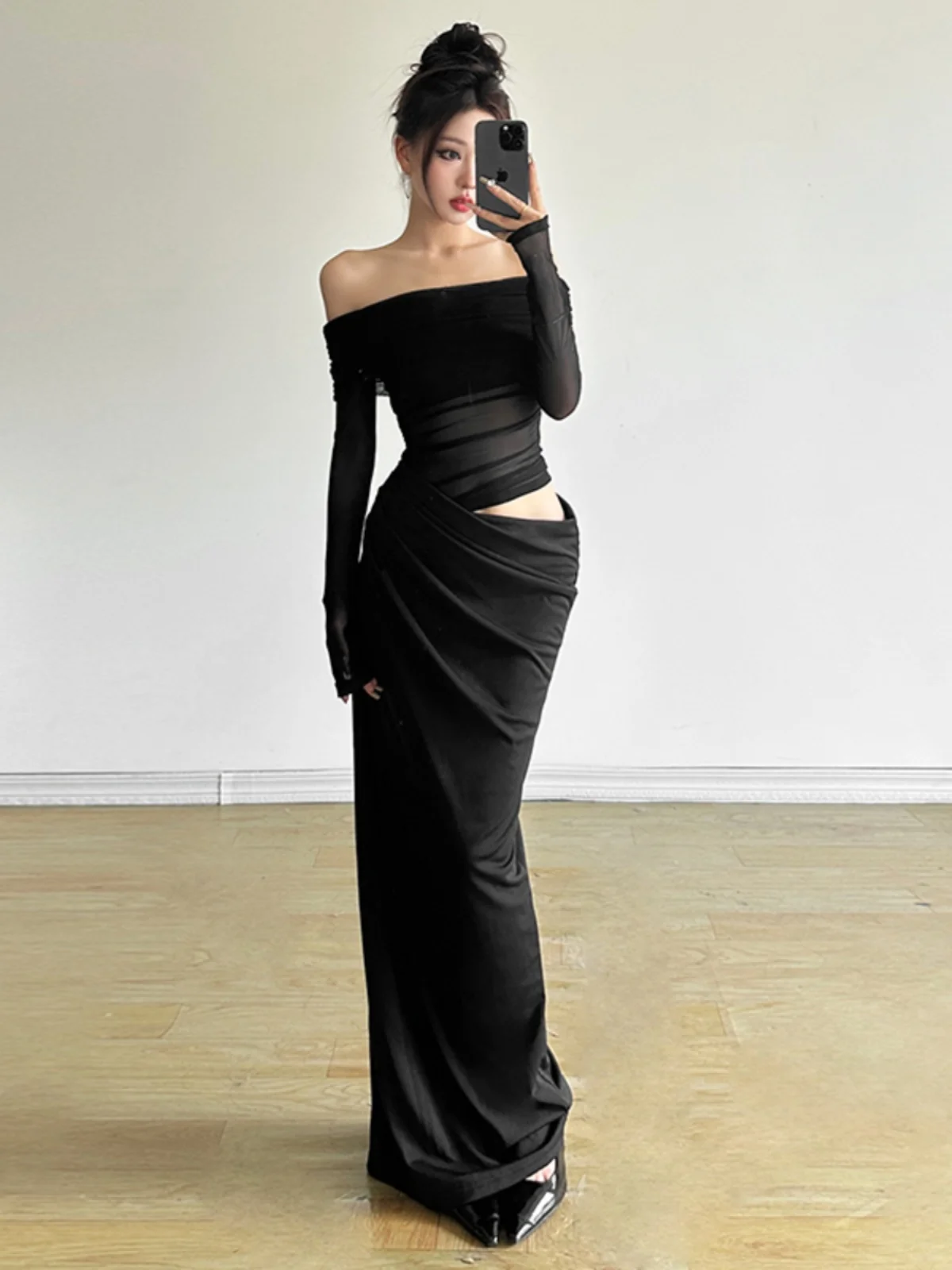 

Sexy Me Splice Hollow out Slimming One oulder Dr Bla Netting Waist Cinched Long Sve High Waist Bodycon Gown for W...