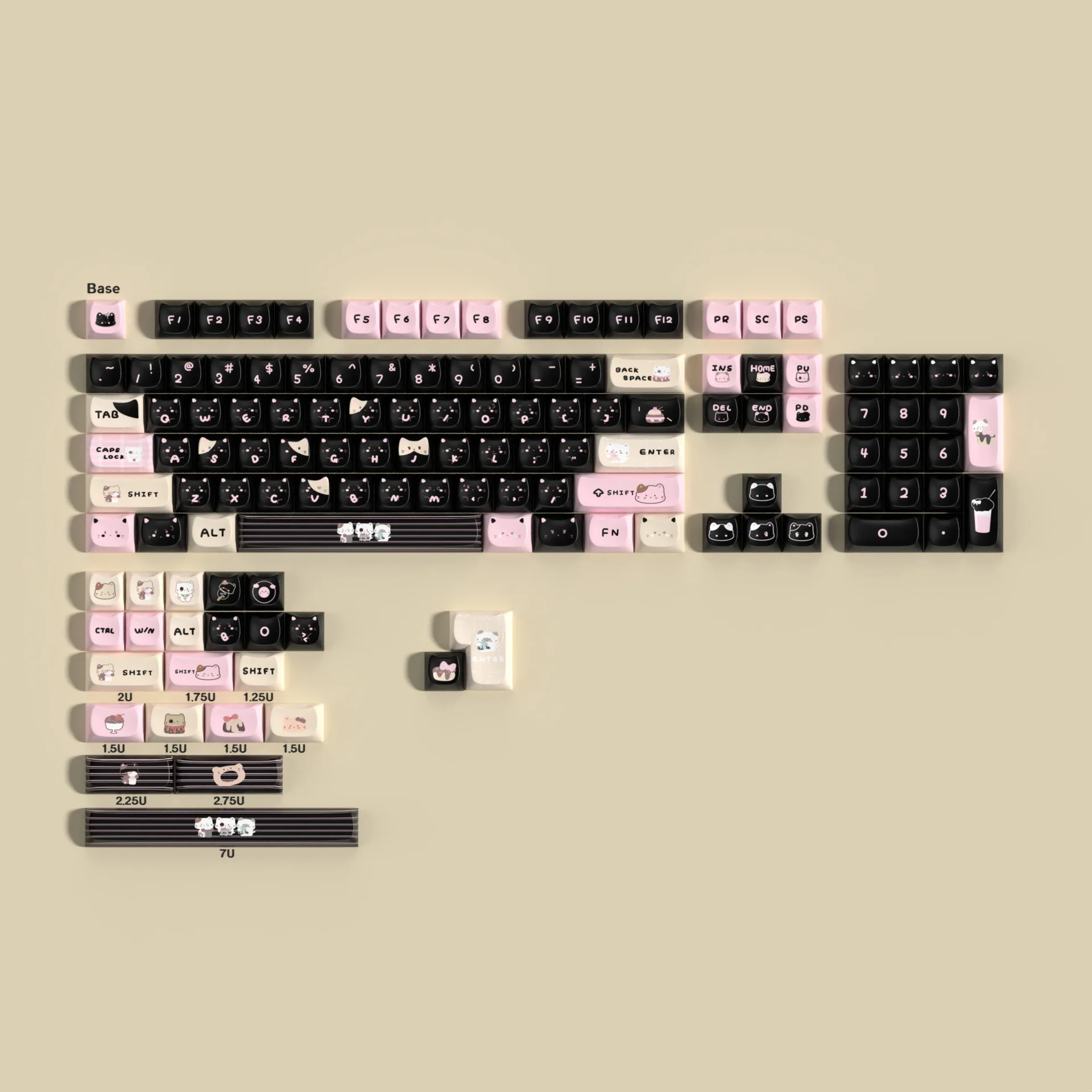 MAO cat height pink and white black and pink two-color cat big full set of PBT sublimation keycaps split space 7u supplement