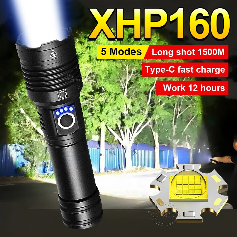 Powerful Torch High Power LED Flashlight XHP160 Super Bright Tactical Light Rechargeable Lantern Outdoor Adventure Camping Light