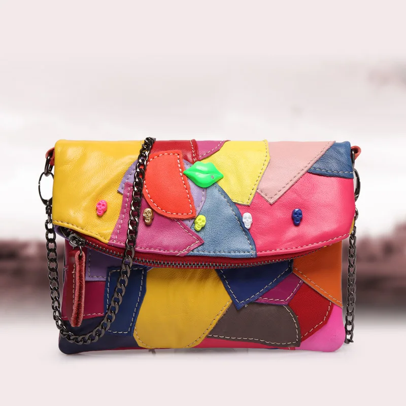 

Fashion Mini Soft Genuine Leather Sheepskin Colorful Patchwork Design Crossbody Shoulder Bag with Chain Strap