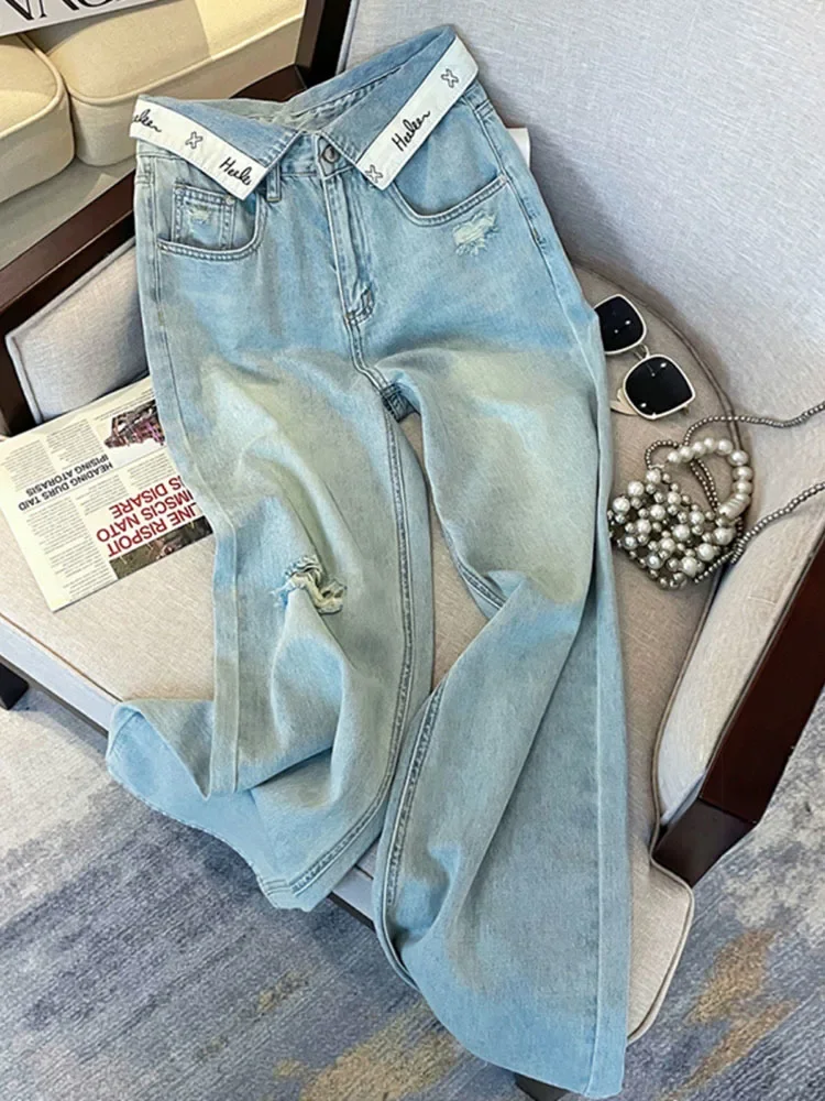 Casual Letter Jeans Women Street Chic Loose Flanging Denim Pants Female Spring High Waist Straight New Wide Leg Trousers Lady