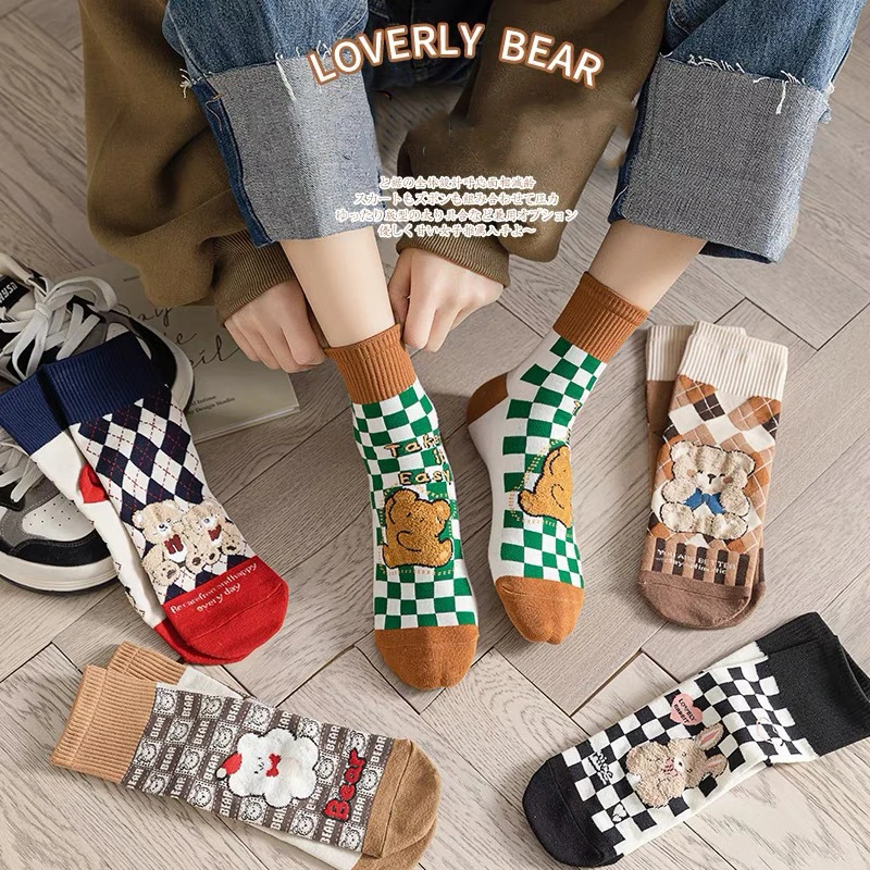 Cute Cartoon Bear Rabbit Mid-Calf Socks for Women, Vintage Argyle Checkered Pattern Socks, Fashionable Casual Socks Set for Dail