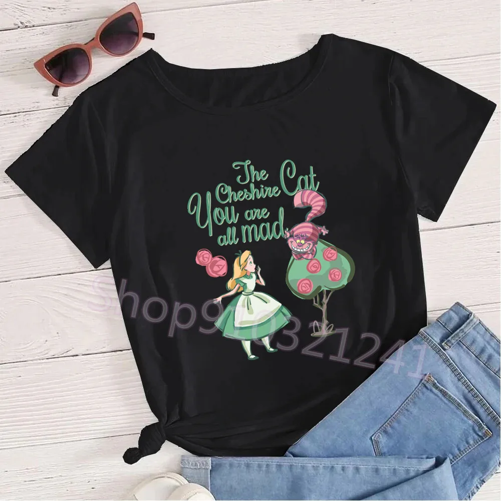 Alice in Wonderland T Shirt Women Printed Letter Streetwear 90s Girl Off with Their Head Harajuku Casual Cartoon Black Tops Tee