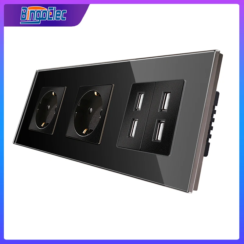 

Bingoelec Европейская стандартная двойная розетка питания с USB-панелью из хрустального стекла 4 порта для зарядки а настенные розетки