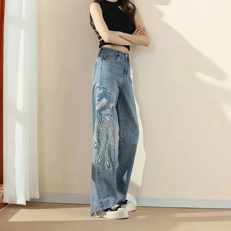 Wide-Leg High-Waisted Jeans Straight Trousers Women\'s 2023 Summer New Phoenix Embroidery Fashion Temperament Vintage Denim Pants