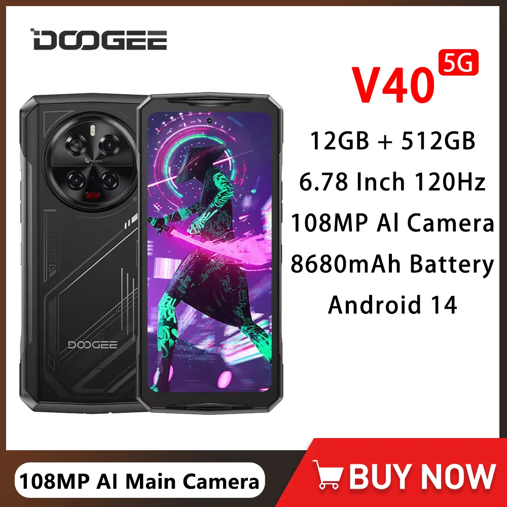 DOOGEE V40 5G Rugged Gaming Smartphone Android 14 12GB 512GB 108MP Al Camera 8680mAh 6.78 Inch FHD 120Hz Display Cellphone NFC