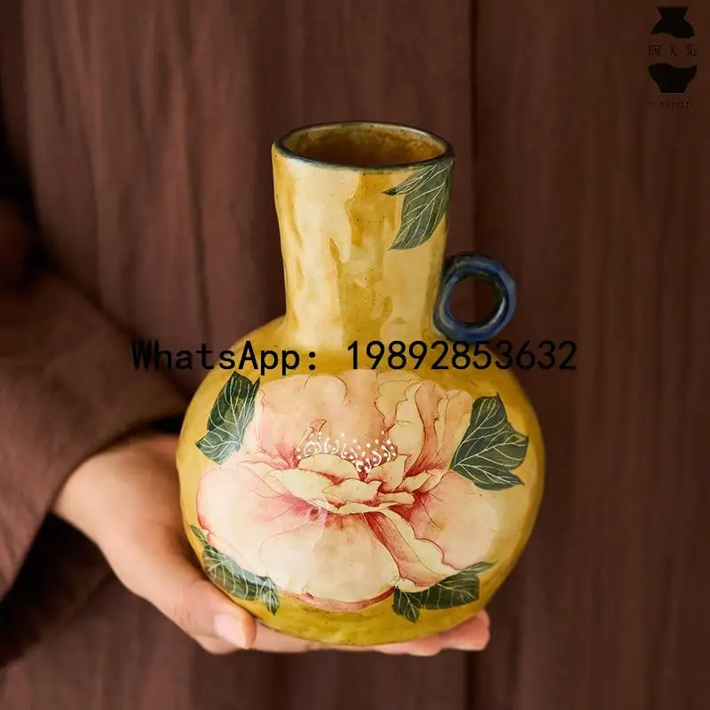 

Ceramic Vase Chinese Retro Hand-painted Flowers Peony Flower Vase Porcelain Bottle Home Decoration Accessories Terrarium