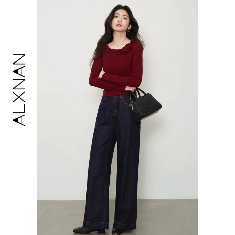 

ALXNAN Vintage Red T-shirt Women's Autumn U-neck 3d Flower Design Elegant Slim-fit Long Sleeve Tees Cotton Tops Ladies L56958