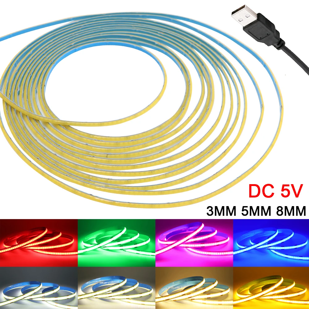 

3mm 5mm 8mm PCB COB LED Strip Light 5V USB Powered Ribbon Tape Red Green Blue Pink Warm White High Density 320LEDs Flexible Lamp