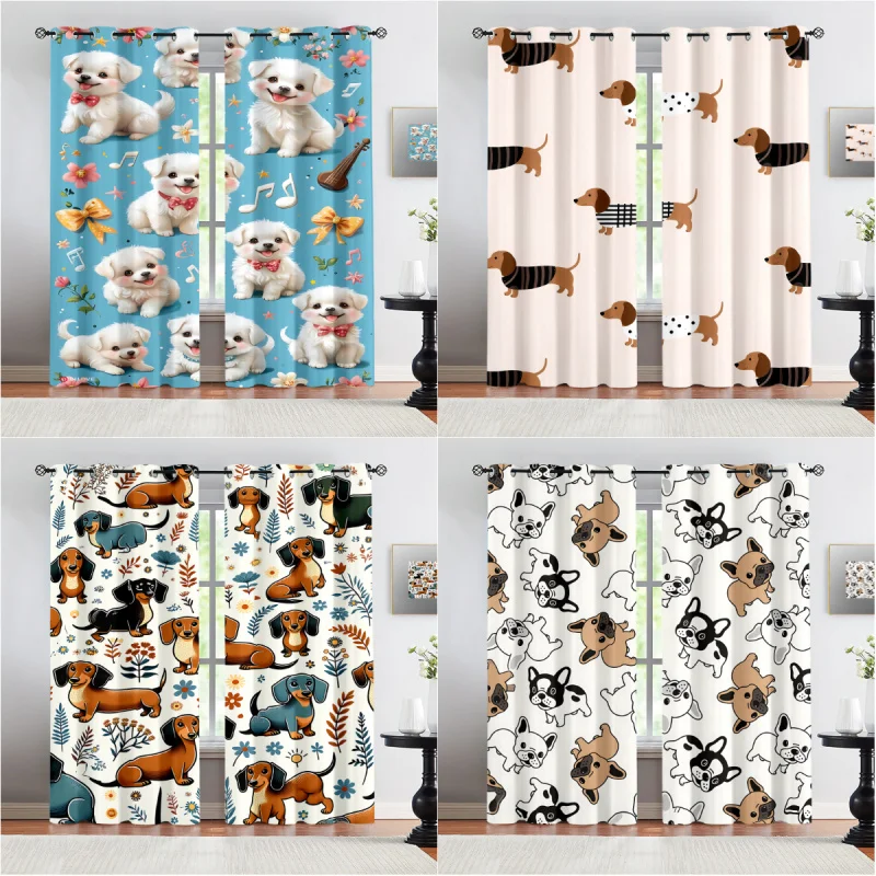 Cute Cartoon Dachshund Print Curtains Thermal Insulated Window Drapes for Bedroom Living Room Kids Home Decor Light Blocking