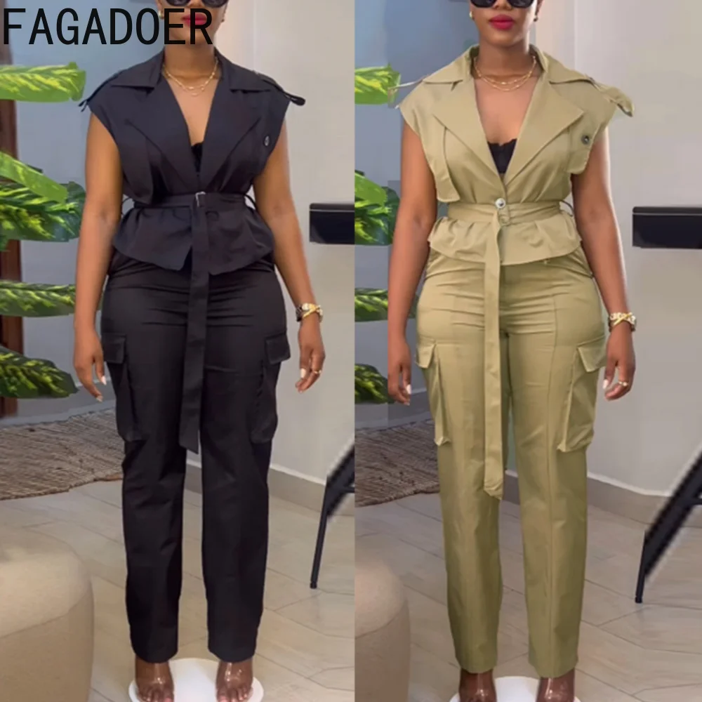 

FAGADOER Elegant Office Lady Lace Up Two Piece Sets Women Turndown Collar Sleeveless Top+Cargo Pants Outfits Fashion Streetwear