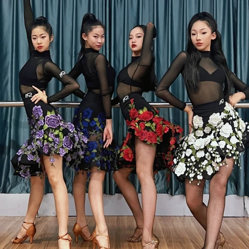 adultes-chacha-danse-latine-costumes-d'entrainement-femmes-rumba-danse-latine-performance-costume-sexy-noir-maille-haut-fleur-jupes-sl12966