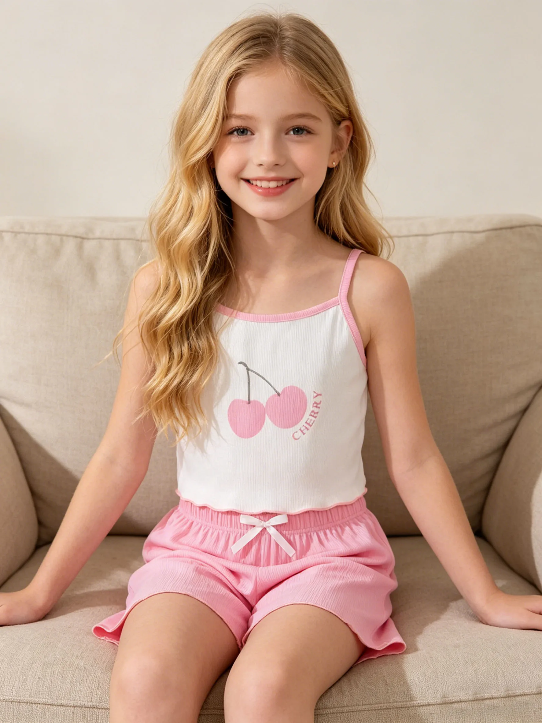 Girls' fashionable home clothes summer, girls' outdoor leisure letter cherry bow picture top vest shorts