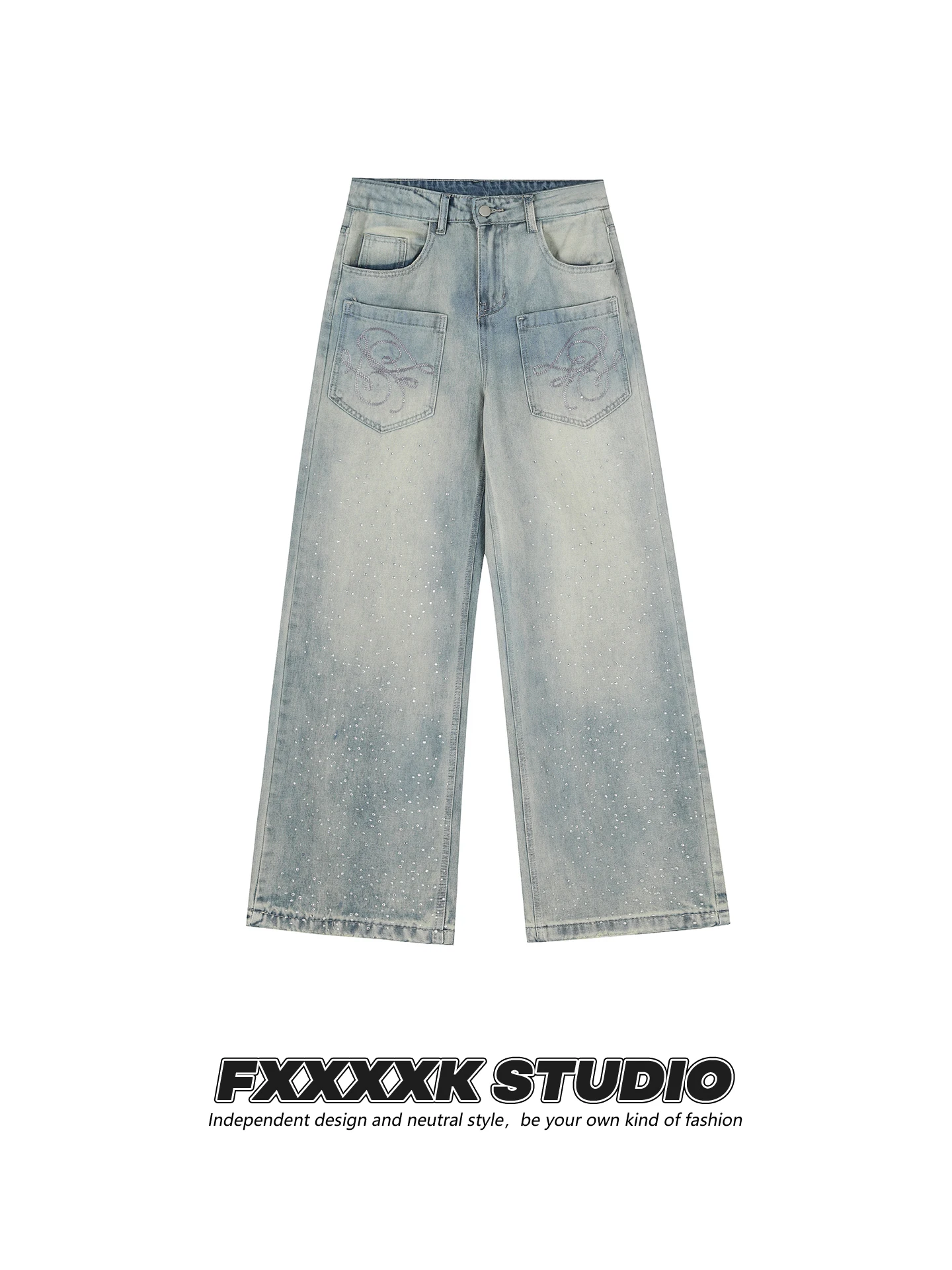 

FXK Original American Retro Diamond Embellied Wide Leg Jeans Loose Straight Cut Trousers Couples Casual Pants l Waist