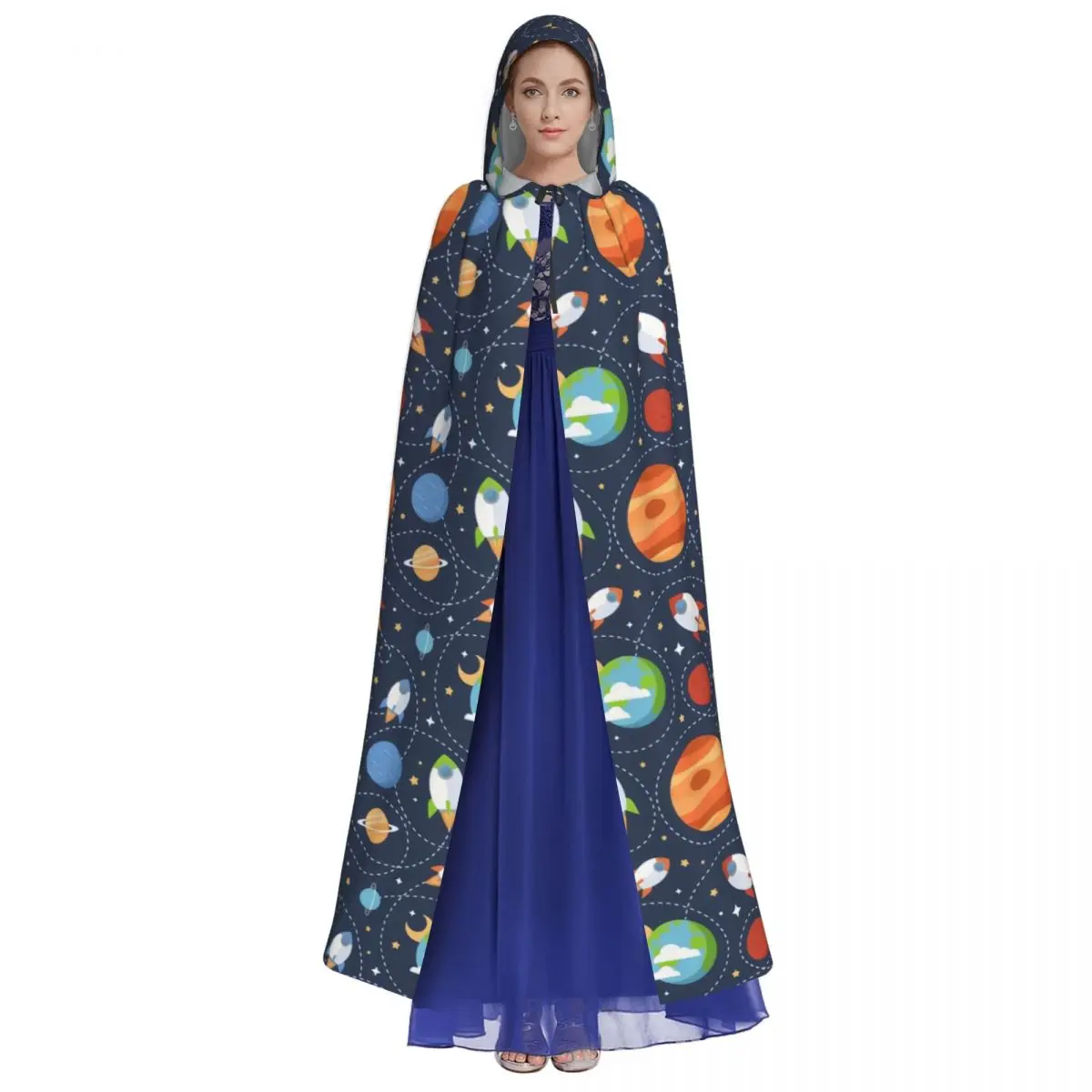 Cartoon Space Pattern With Rockets Planets Witch Cloak Hooded Cosplay Costume Halloween Adult Long Party Cape