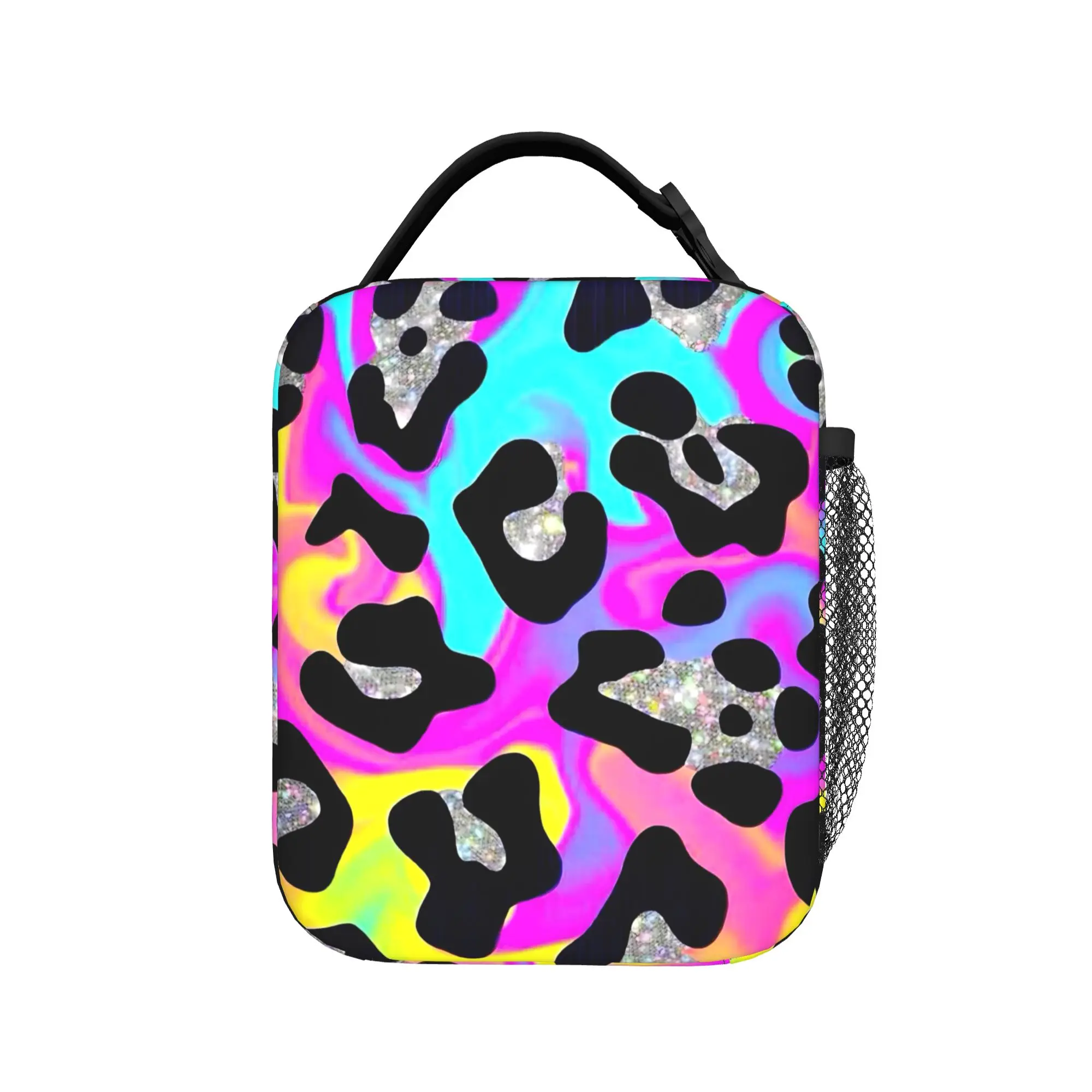 Psychedelic 80s Leopard Lunch Bag Abstract Art  Fun Lunch Box For Girls School Portable Cooler Bag Oxford Thermal Lunch Bags