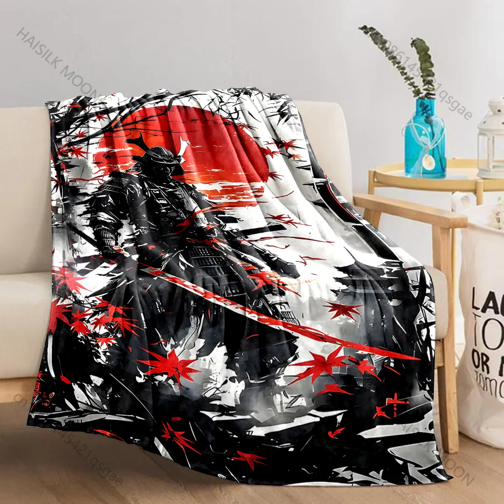 Samurai red sun maple leaves Print Blanket Warm Soft Fluffy Kids and Adult Sofa Bed Throw Blanket Outdoor Travel Camping RV