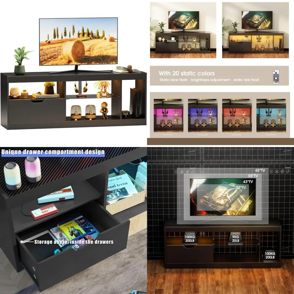 LED Gaming TV Stand for 65+ Inch TVs with Carbon Fiber Top and Dynamic RGB Modes Entertainment Center Console