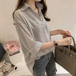 Office Lady Stylish Striped Blouse Spring Summer New 3/4 Sleeve Korean Loose Turn-down Collar Female Clothing Drawstring Shirt