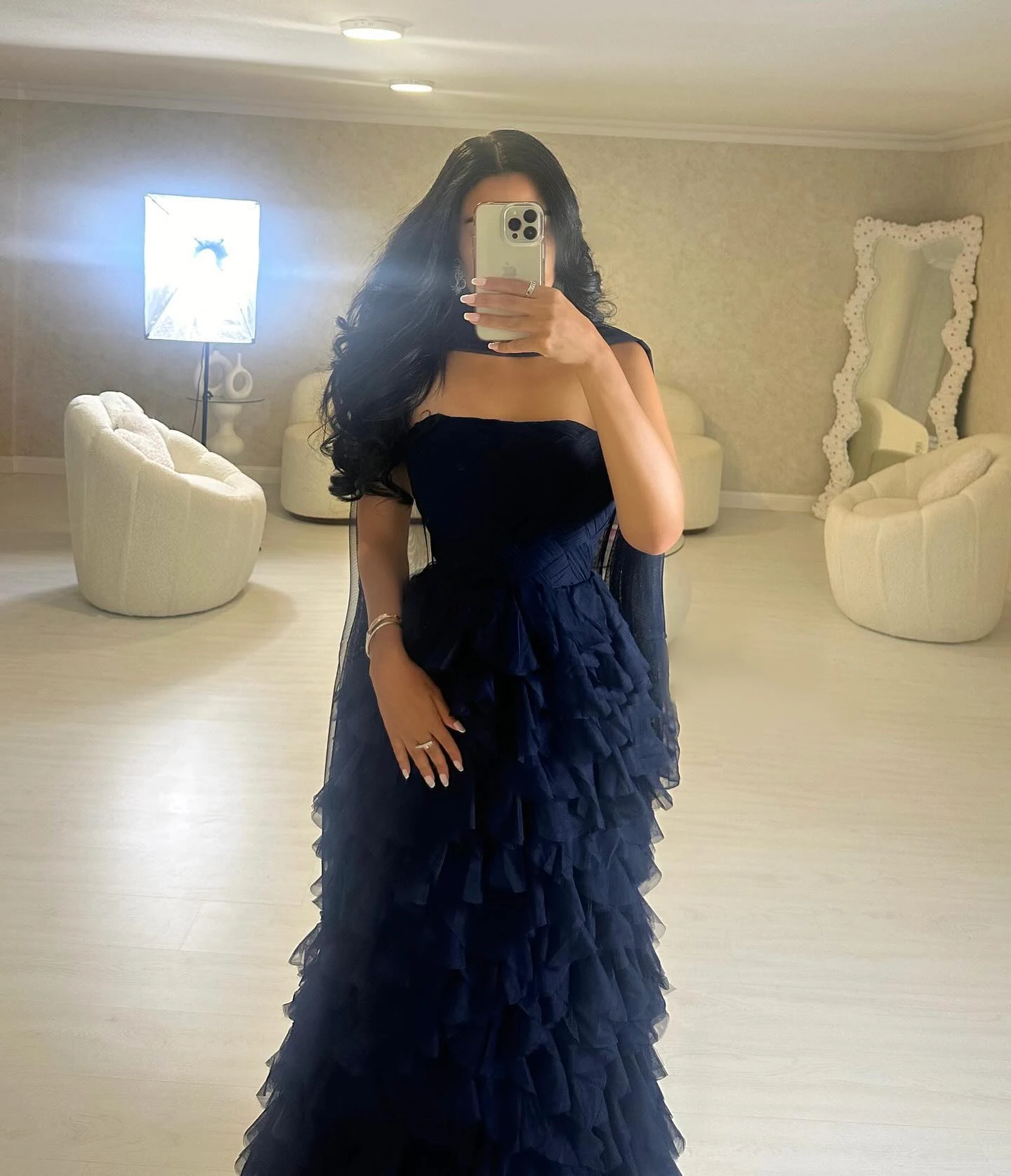 Sharon Said Elegante abito da sera a sirena blu navy con volant sciarpa Abiti da festa di nozze da donna modesti SF233 personalizzati