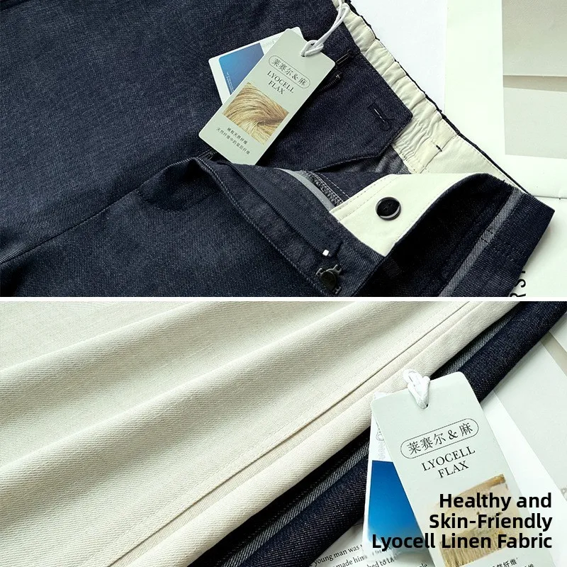 High Waist Linen Straight Leg Pants Women's Summer Lightweight Drapey Premium Feeling Denim Blue Wide Leg Western Pants Anti-...