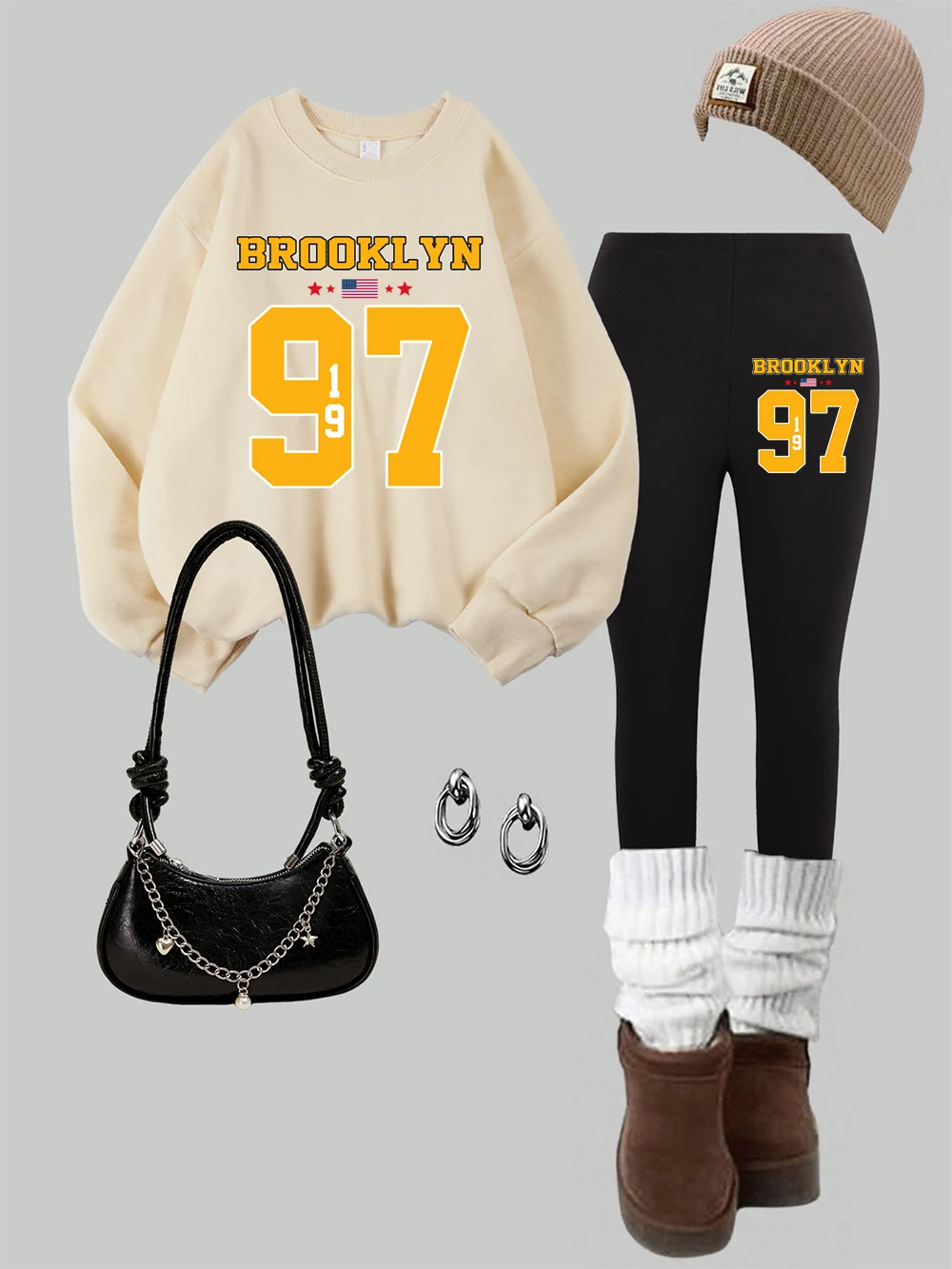 2 قطعة المرأة بروكلين الولايات المتحدة الأمريكية 1997 الطباعة بلوزات طماق مجموعة الشتاء الصوف الحراري هوديي السراويل الأساسية امرأة الركض الملابس #2