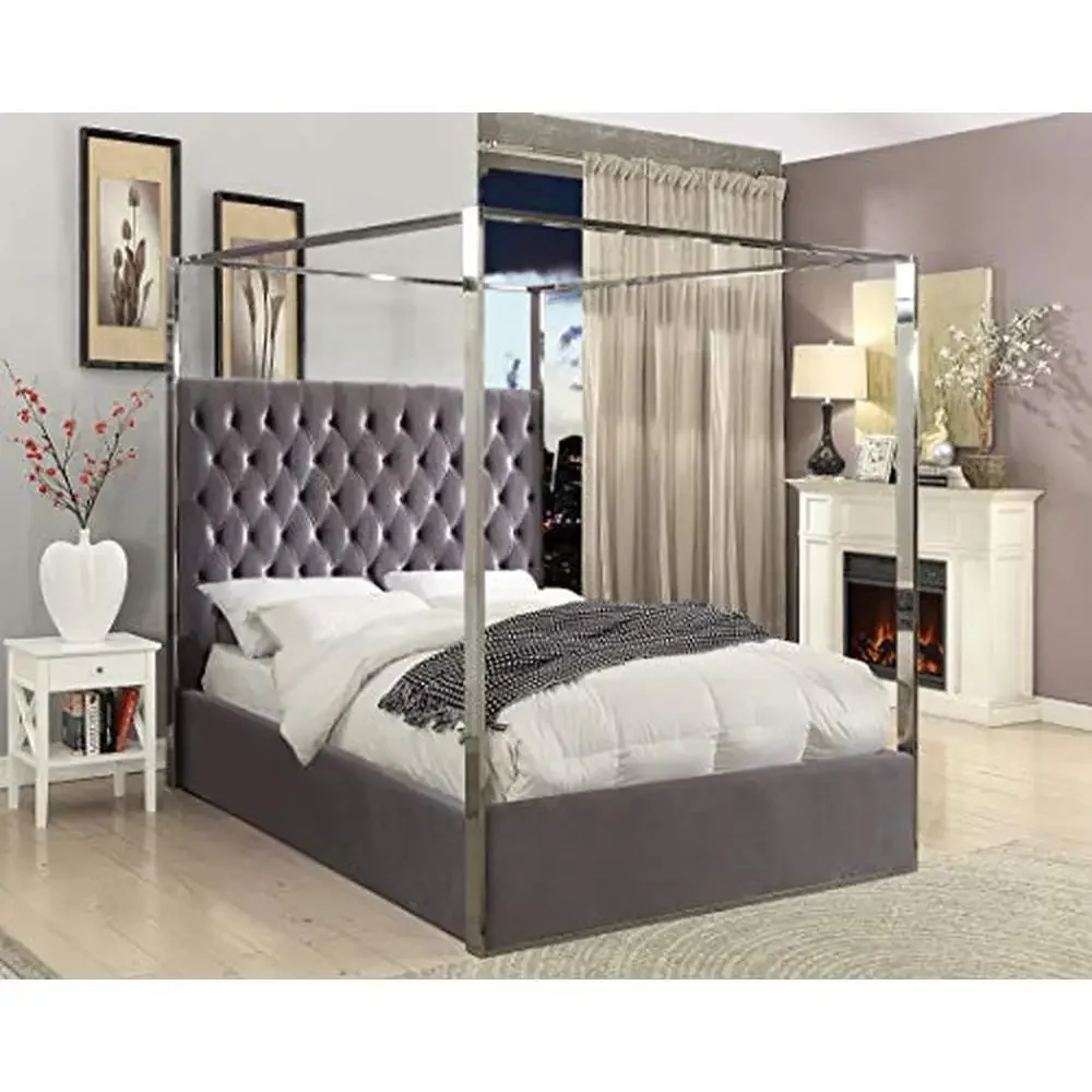 Modern Grey Velvet Canopy Bed King Size Deep Tufting Chrome Finish 850lb Capacity