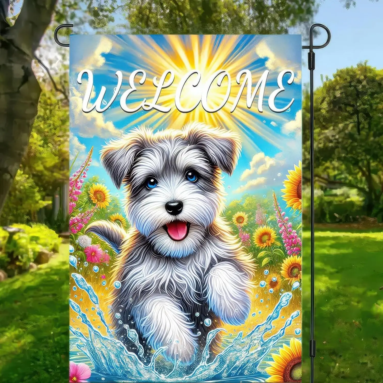BlissYard Welcome Schnauzer Garden Flag Puppy Double Sided 12 x 18 Inch Summer Sunflower Daisy Dog Yard Lawn Outside Farmhou uui