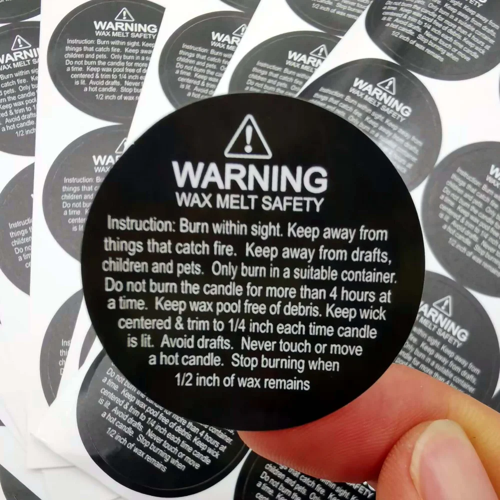 1.5 Inch Waterproof wax melting safety label stickes warning candle sticker Sheets round Candle Jar Container Labels white black