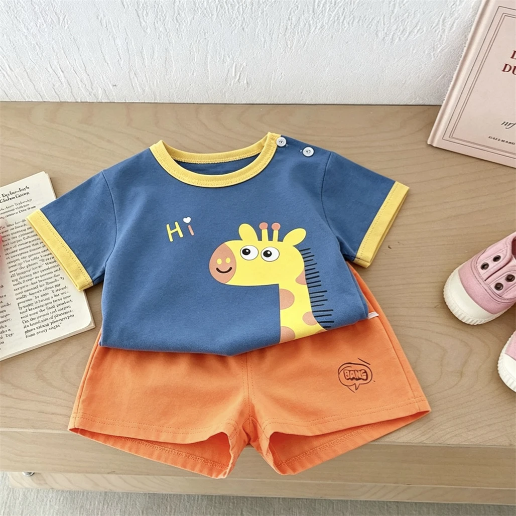 Boys Cartoon Outfits Short-sleeved Suits 2026 Summer New Cute TShirt+Shorts Crewneck Tops All-match Shorts Two Piece Set For Kid