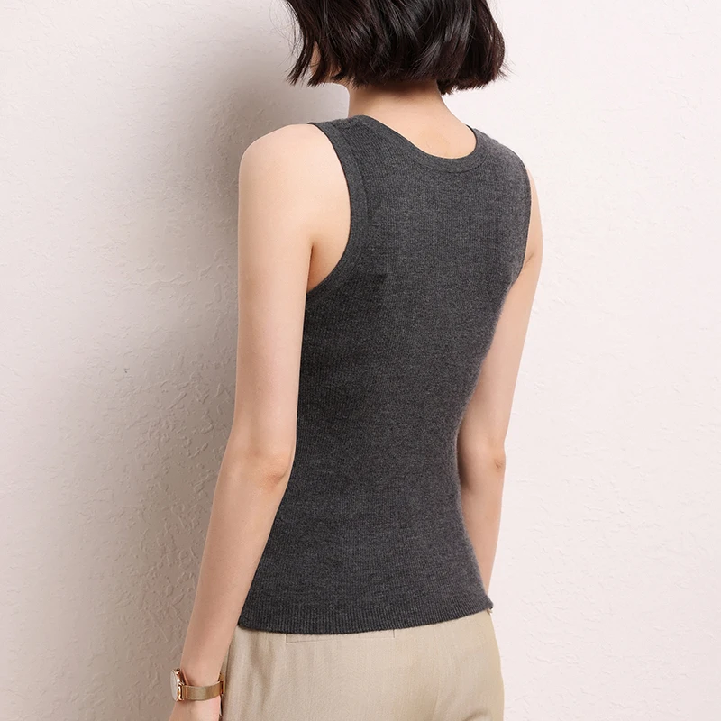 Spring/Summer New U-neck Button 100% Pure Cashmere Knitwear Women's Sleeveless Solid Color Versatile Strap Tank Top