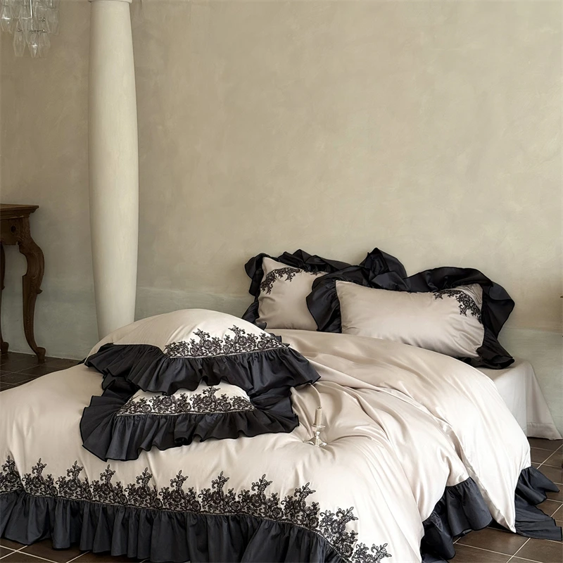 Luxury Embroidery Black Lace Ruffles Princess Bedding Set 1000TC Egyptian Cotton Duvet Cover Flat/Fitted Sheet Pillowcases 4Pcs