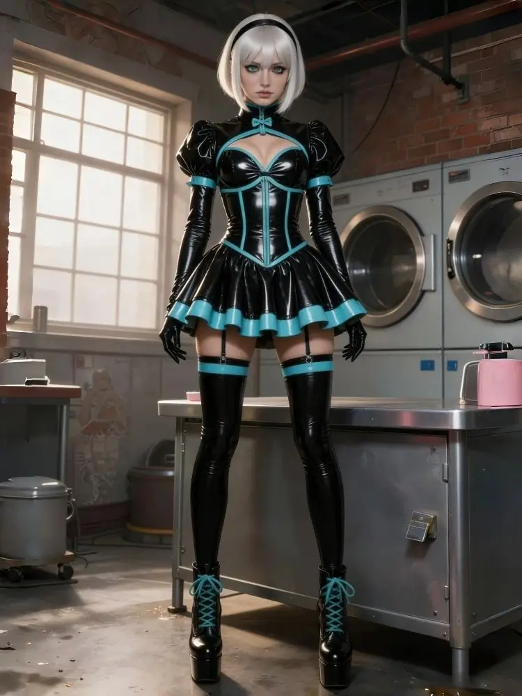 Mini korte anime cosplay feestjurk met pofmouwen, ruches, zwart PVC, glanzend, speciale gelegenheid, avondjurken, op maat gemaakt - afbeelding 2