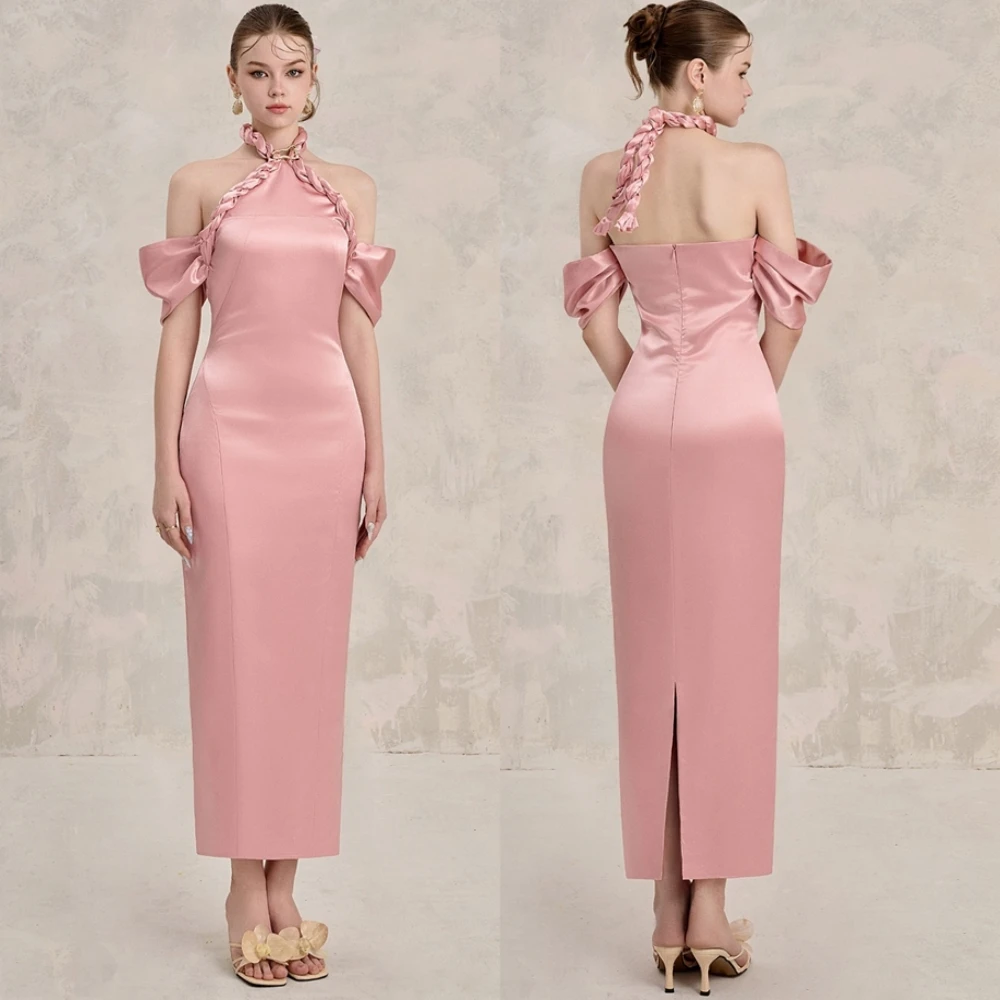 

Customized Elegant Halter Satin Evening Dress Delicate Mermaid Prom Dresses Temperament Puff Sleeves Special Occasion Gowns