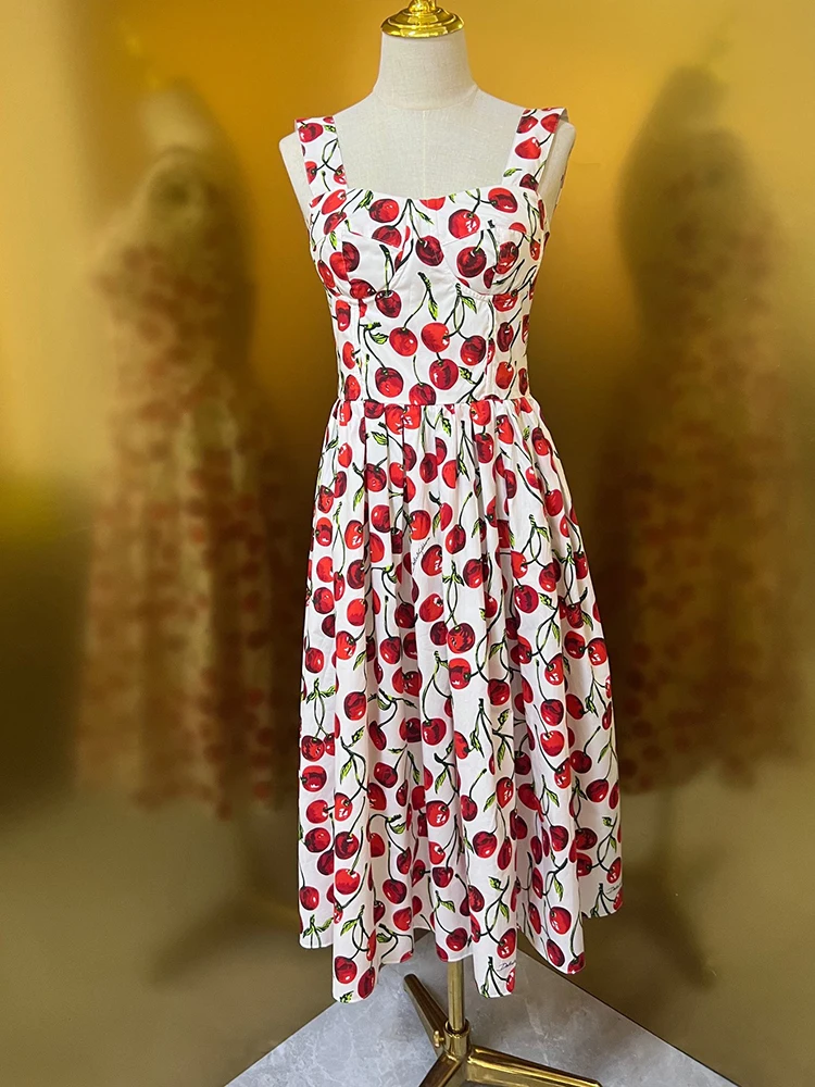 Women Party Vacation Dress Summer Spaghetti Strap Back Hollow Out Cherry Printing Empire Expansion Vestidos Beach Wear