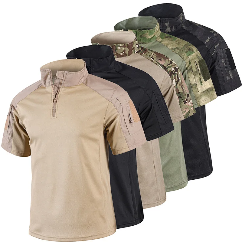 Men's Tactical Combat T-Shirts Quick Dry Breathable Half-Zip Short Sleeve Military Shirt with Pockets Lightweight Outdoor Hiking