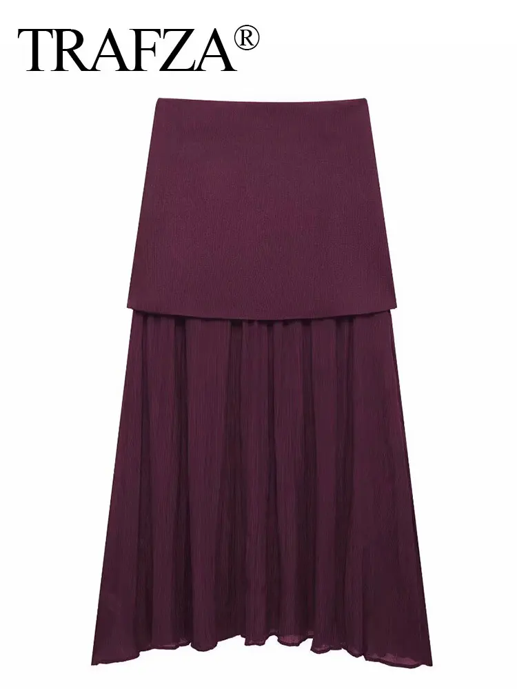 TRAFZA Women Elegant Wine Red Skirt Suit V Neck Sleeveless Button Knitted Vest Top Slim Side Zipper Midi Skirt Streetwear Sets