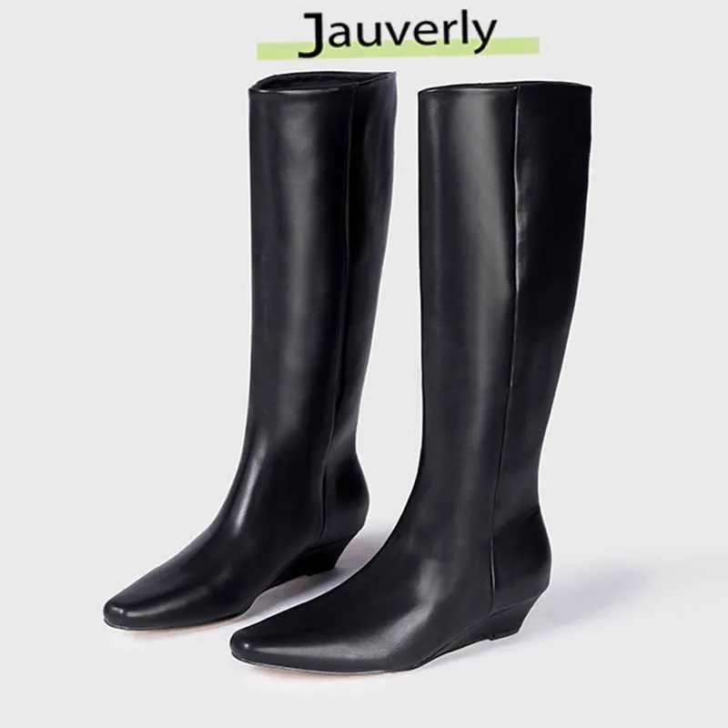 

Женские сапоги 2024, сапоги до колена на танкетке из искусственной кожи, современные сапоги без шнуровки на высоком каблуке с острым носком, обувь Buffalo London на платформе