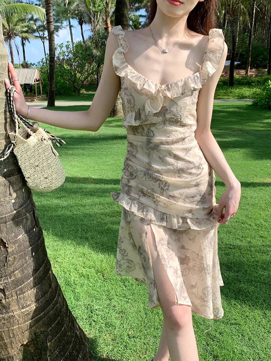 

2025 Women's Clothing Fashion suspender print patchwork dress 0701